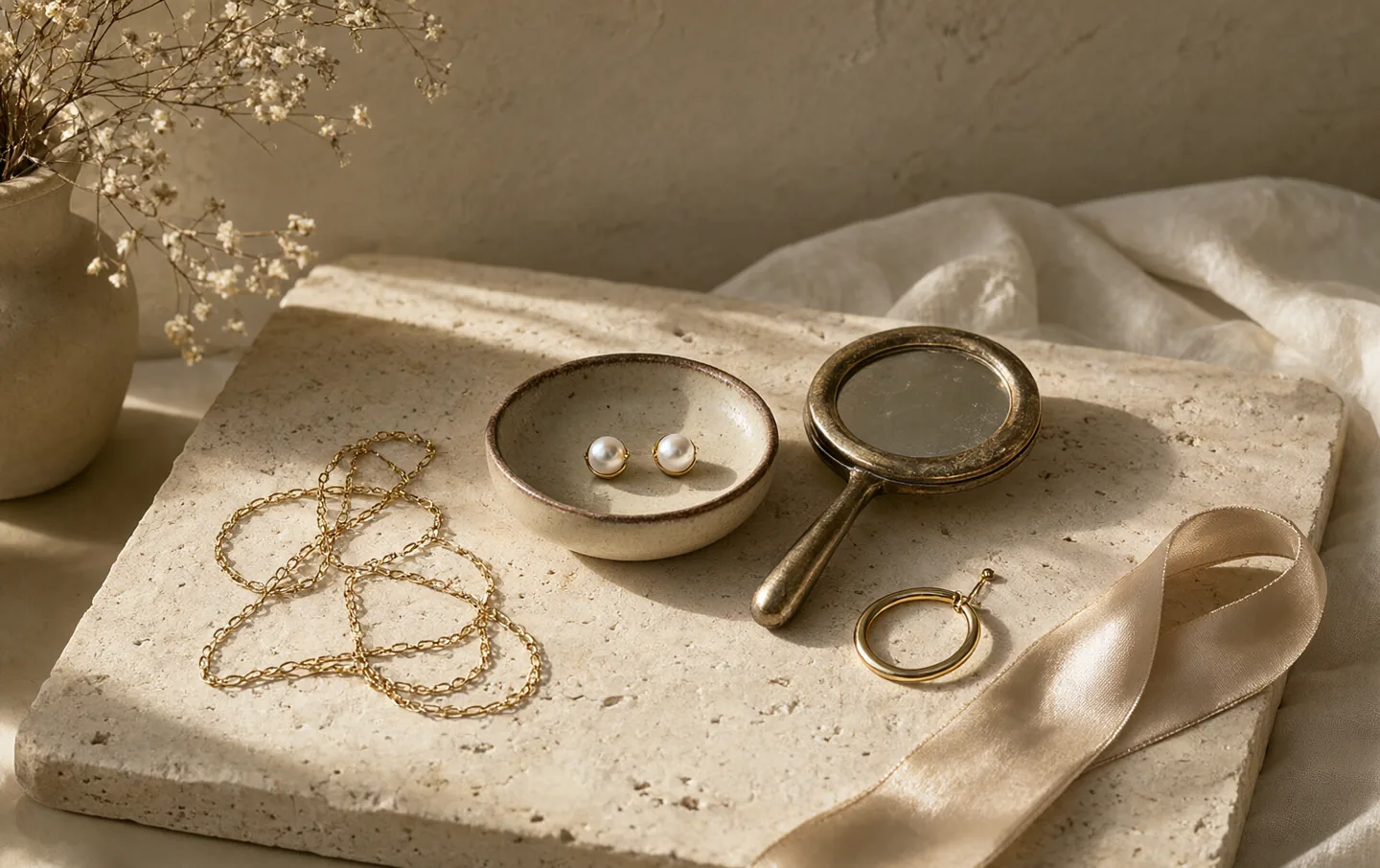 Fine gold necklaces and pearl earrings resting on a cream ceramic dish
